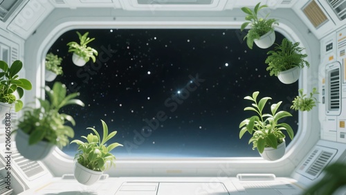 宇宙空間の星空が見える宇宙ステーションの窓と浮かぶ観葉植物、エコロジーのコンセプトイメージ