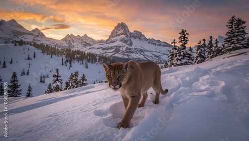 Puma landscape, nature winter habitat with snow, sunset light and dangerous animal. Wildlife nature