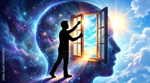 Silhouette of a man opening a window into a bright sky inside a human head.