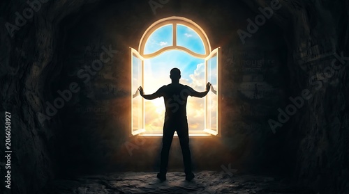 Silhouette of a man standing in a dark cave looking out through a bright open window.