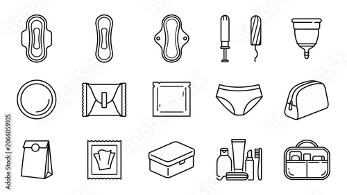 Collection of feminine hygiene products icons.