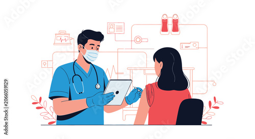 Medical Professional Administering Vaccine Shot to A Patient With Tablet Assistance