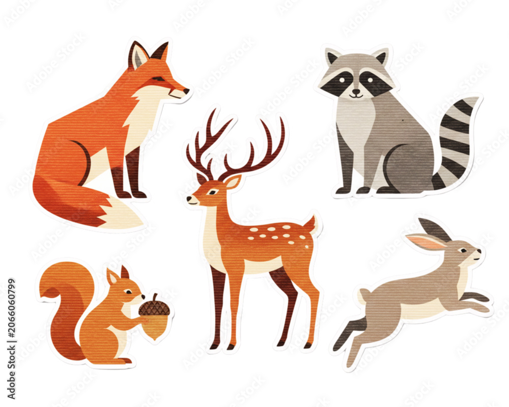 Fototapeta premium Forest Dwellers: A sticker collection including a detailed red fox, a clever raccoon, a squirrel holding an acorn, a dynamic rabbit, and a deer with antlers.