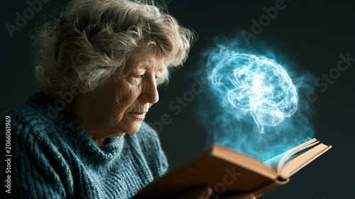 Senior Woman Learning from Glowing Brain Hologram in Book. Education Concept Photo