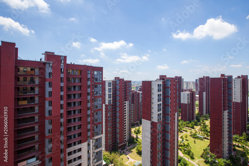 Photography Modern High-Rise Residential Buildings under Blue Sky in Shanghai, China (Built