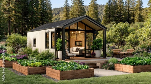 Modern house with garden surrounded by trees in a sunny environment