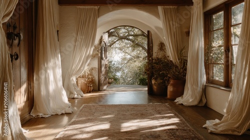 Elegant interior with arched doorway and soft light streaming through