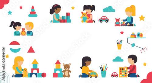 Foto A group of children is shown playing with toys like blocks, cars, and teddy bears in a colorful and educational vector illustration