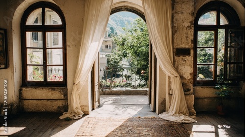 Elegant interior view with arched windows and curtains opening to nature