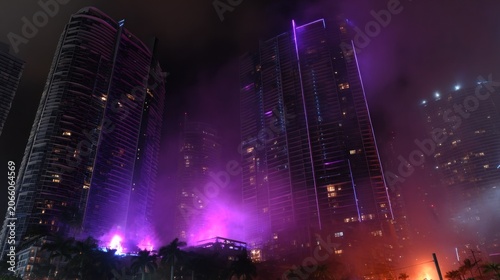 Dramatic cityscape at night with illuminated skyscrapers and smoke