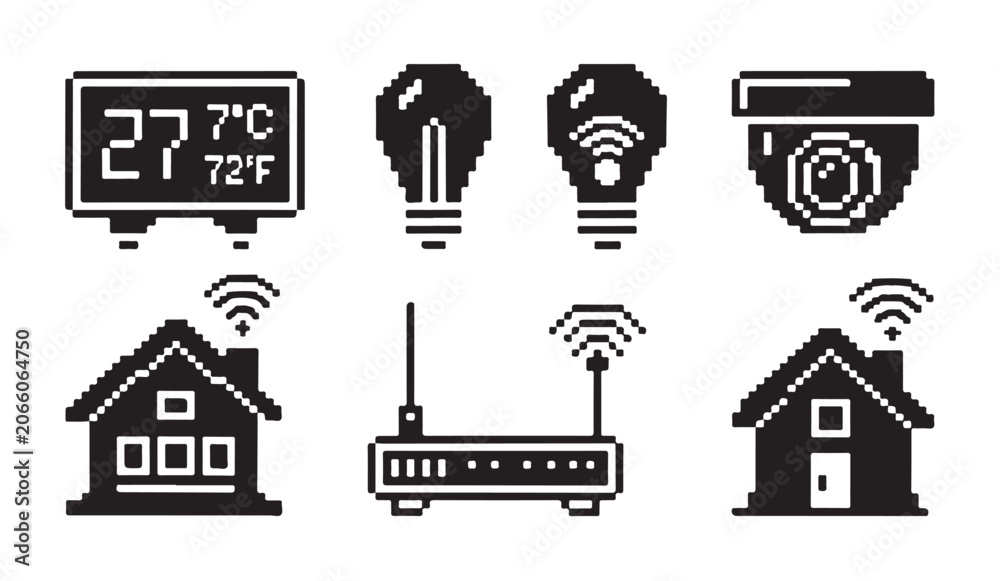 Obraz premium Smart home monitoring icons including thermometer light bulb and security camera systems.