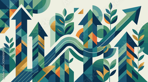 Abstract geometric vector illustration featuring upward arrows and stylized leaves in a teal, orange, and blue flat design, symbolizing sustainable business growth and success.