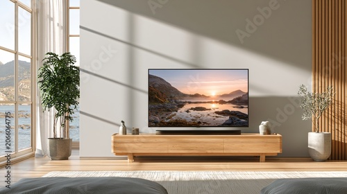Modern Living Room with Smart TV Connected to Sound Bar for Home Entertainment Setup