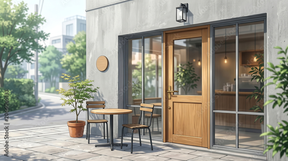 Fototapeta premium Modern Japanese Cafe Entrance with Wooden Door and Outdoor Seating