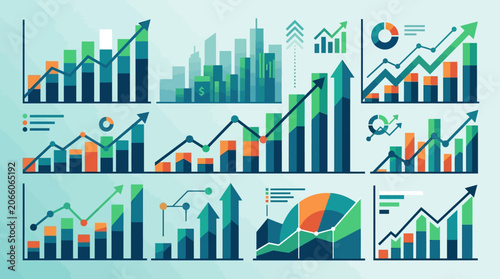 Flat vector business data dashboard featuring various bar charts, line graphs, and financial growth indicators in teal and green. Professional analytics interface elements for reports.