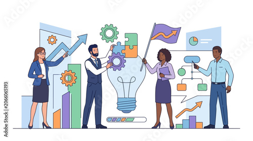 Flat vector illustration of a diverse business team collaborating on strategic goals featuring lightbulb, gears, puzzle pieces, growth charts, and data analysis elements.