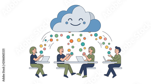 Modern flat vector illustration of a diverse team of four office workers using laptops at desks while receiving colorful data spheres from a large smiling blue cloud on white background