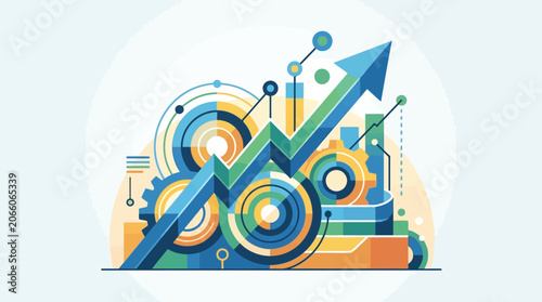 Modern flat vector illustration of an upward pointing blue arrow with geometric gears, circular data nodes, and bar charts representing financial growth and business efficiency.