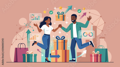 Modern flat vector illustration of a happy Black couple celebrating retail success surrounded by gift boxes, shopping bags, data charts, and growth arrows on a neutral background.