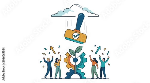 Modern flat vector illustration of diverse business professionals celebrating project approval with large checkmark stamp, cogwheels, and a growing green sprout.