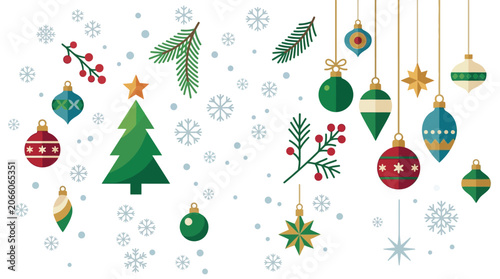 Modern flat vector illustration of holiday icons featuring a stylized Christmas tree, hanging ornaments, snowflakes, red berries, and pine branches on a clean white background.