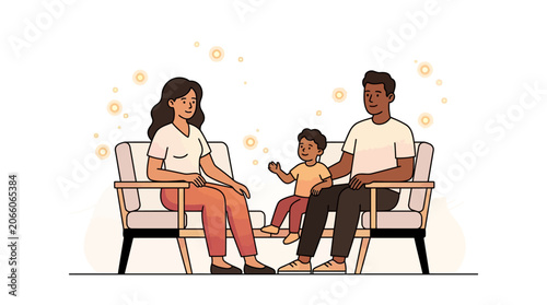 Modern vector illustration of a diverse family consisting of a mother, father, and young son sitting together on two minimalist armchairs against a clean white background with abstract lines.