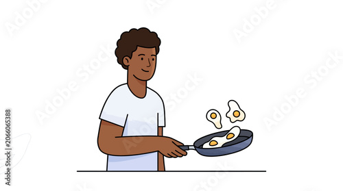 Modern vector illustration of a young Black man cooking sunny-side-up eggs in a frying pan, wearing a white t-shirt, against a white background with subtle wavy grey line patterns.