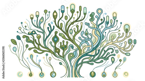 Modern vector illustration of an abstract biological tree with organic branching patterns and glowing bulbous nodes in green, teal, and cream tones isolated on a white background.