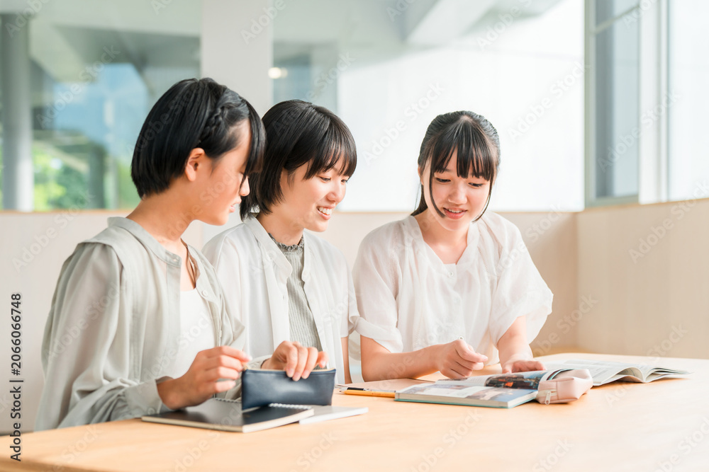 Fototapeta premium Elementary and middle school girls in casual clothes studying with friends (homework, cram school)