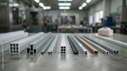 Aluminum profiles arranged on a metal workbench represent industrial production materials in a factory setting.
