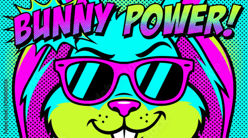 Neon pop art comic illustration featuring bunny text and cartoon character in sunglasses.