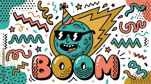 Cute cartoon monster with party hat and 'BOO' text in vibrant retro abstract illustration for Halloween fun.