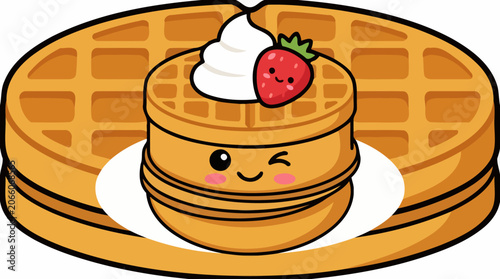 Cute cartoon waffle stack with whipped cream illustration on white background