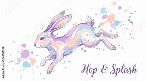 Colorful watercolor rabbit illustration with paint splashes on white background