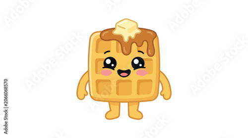 Cute cartoon waffle character waving hello isolated on white background