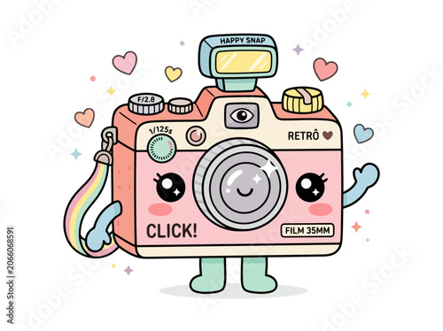 Cute kawaii pink camera character with rainbow strap and floating hearts