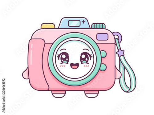 Cute pink camera with a happy face illustration in a kawaii vector style