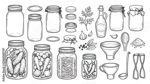 Fotografie Vintage hand drawn mason jars and canning set, rustic sketch of glass jars with