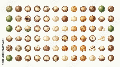 Schilderij op canvas A diverse collection of macadamia nuts in various stages of processing and ripeness, showcasing their unique textures and colors