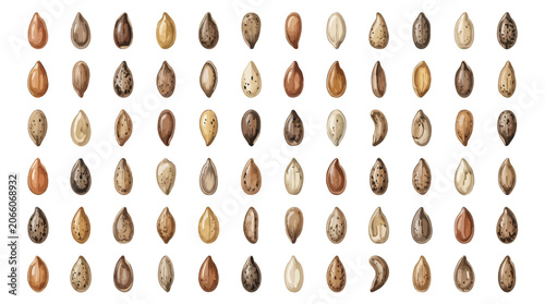 Photos A collection of diverse sesame seeds arranged in rows, showcasing their varied colors and textures