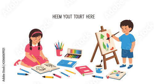 Foto This illustration depicts a girl drawing in a sketchbook and a boy painting on an easel, surrounded by a variety of colorful art supplies on the floor