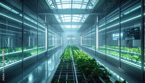 Modern Hydroponic Greenhouse with LED Lighting.