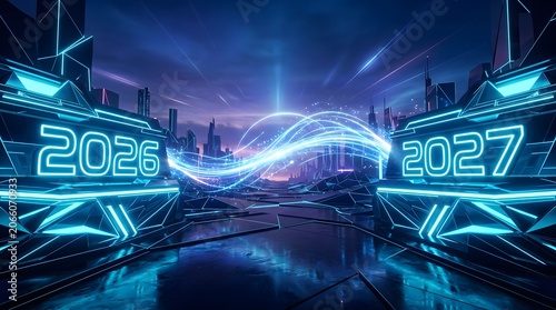 Futuristic cityscape with neon lights and year transition