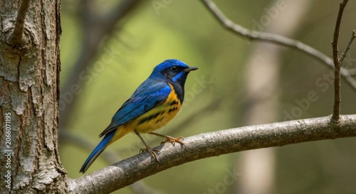 A vibrant blue, yellow, and black bird perches on a tree branch, blurred green background