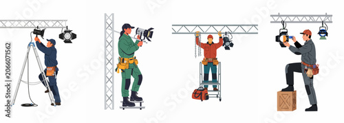 Fotografía Technicians and riggers set up professional stage lighting and equipment for film, theater, or concert productions, isolated on a white background
