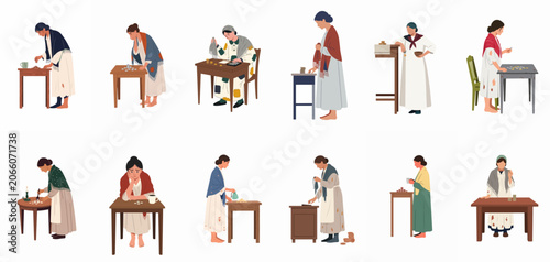 Fotografie A collection of vector illustrations depicting poor women in ragged clothing counting coins and facing economic hardship and poverty