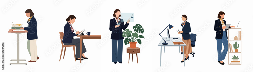 Obraz premium Set of professional business woman illustrations working in various office environments with laptop, tablet, and digital devices on white background.