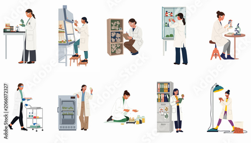 Foto Flat Vector Illustrations of Female Scientists Conducting Biological and Mycology Research, Experiments, and Laboratory Work with Mushrooms and Plants