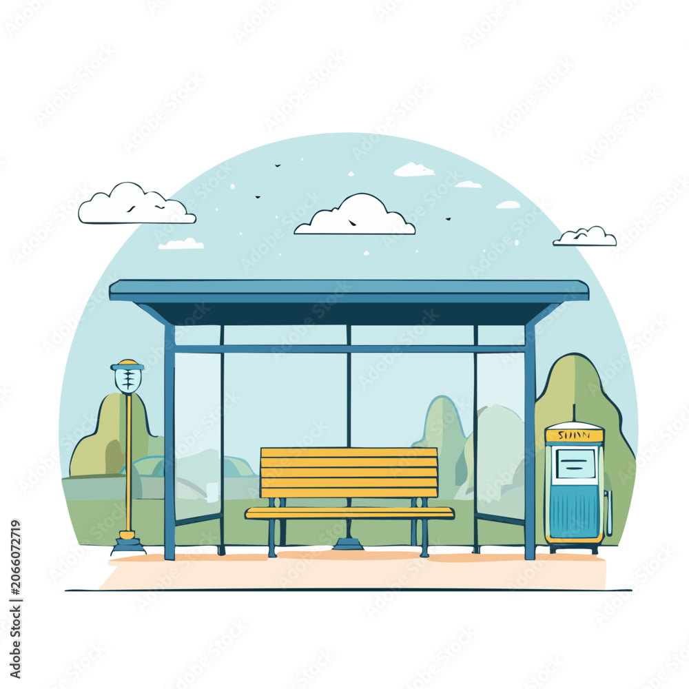 Obraz premium Flat design illustration of a bus stop with bench and ticket machine