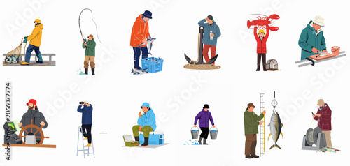 Obraz na plátně Set of diverse fisherman illustrations depicting commercial and recreational activities like netting, rod fishing, filleting, and navigating on a white background